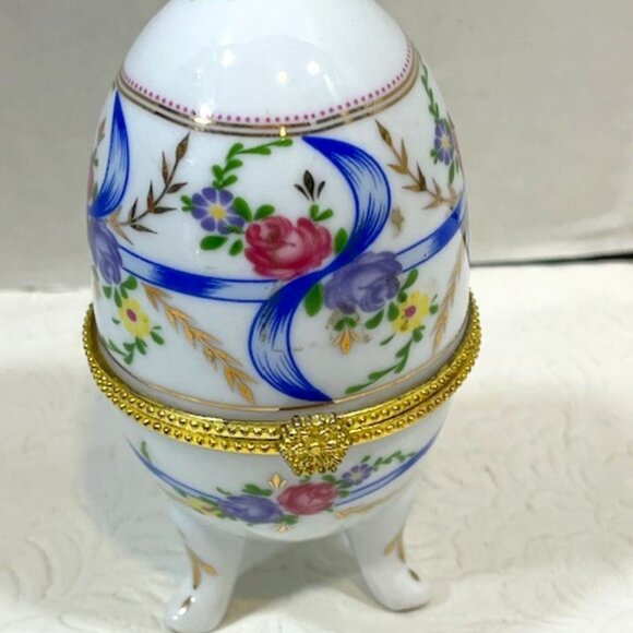 VTG Hand Painted Faberge Style Floral Porcelain Egg Shaped Hinged Jewelry Box - Picture 1 of 16